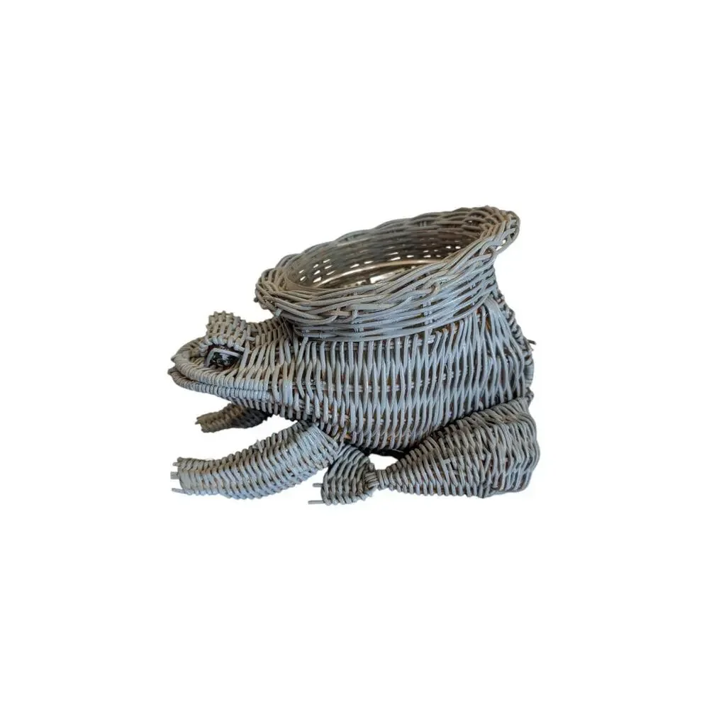 Vintage Wicker Frog Basket Planter with Marble Eyes Blue Cottagecore Farm Small